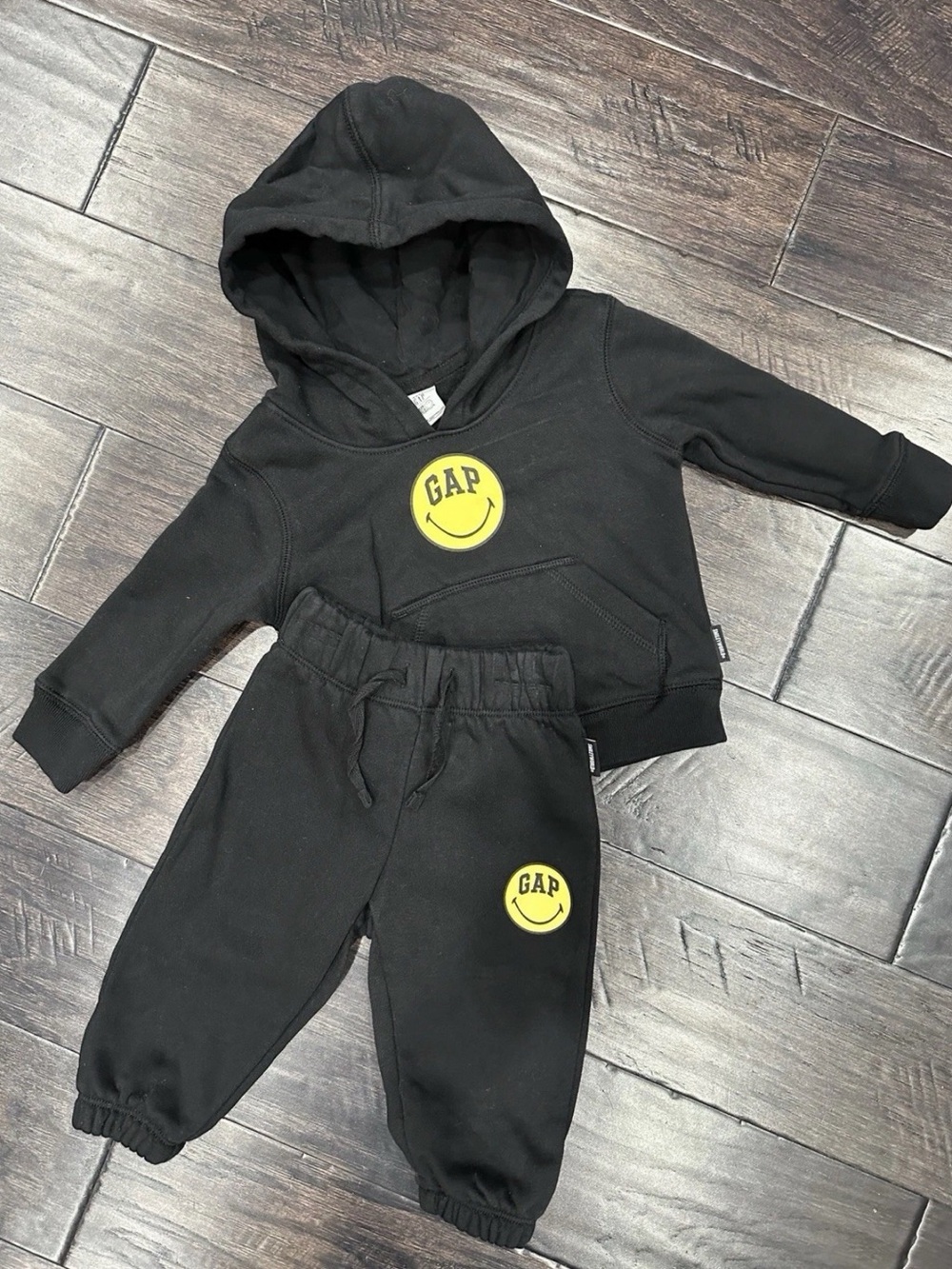 GAP Black Hoodie & Joggers Set with Yellow Smiley Logos